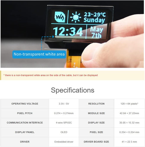 1.51inch 12864 Pi/Arduino/STM32,Full Chip,SPI/I2C Transparent OLED Display Module Resolution Light Blue Color Display
