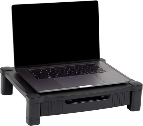Mind Reader Black Monitor Stand with Storage Drawer, Desktop Organizer, Laptop Riser for Office, 17.25"L x 13.25"W x 4"H