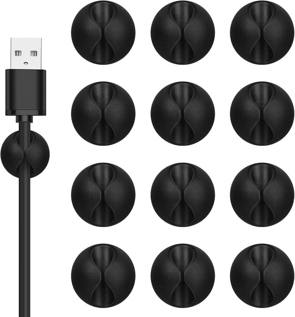 Cord Holder Cable Clips, 12PCS Black Organizer, Adhesive Charger Wire Management Keeper for Desk, Office, Nightstand