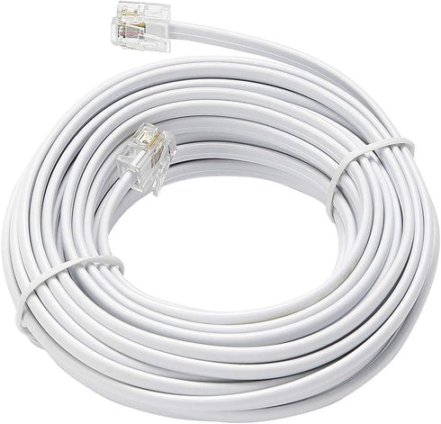 Telephone Extension Line Cord Cable, Land Phone Line, White, 25ft, Standard RJ11 Plugs