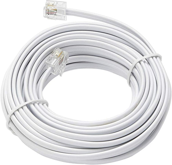 Telephone Extension Line Cord Cable, Land Phone Line, White, 25ft, Standard RJ11 Plugs