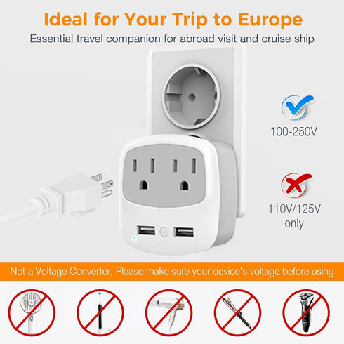 TESSAN European Travel Plug Adapter Converter, 2 USB, Type C Outlet Charger for US to Most of Europe