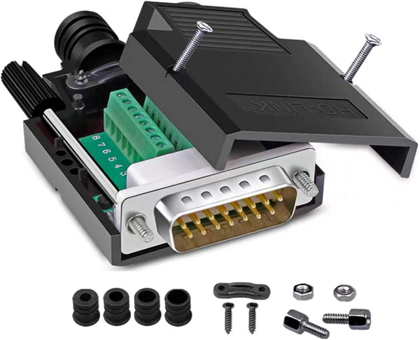 DB15 Solderless Male RS232 D-SUB Serial Adapters, 15 Pin Port Terminal Solderfree Breakout Board Connector with Case