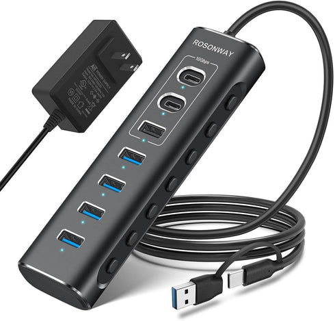 Powered USB Hub, Rosonway 7-Port USB 3.2/USB C Hub with 10Gbps USB-A, 2 USB-C, 4 USB 3.0 Ports, 12V Power Adapter