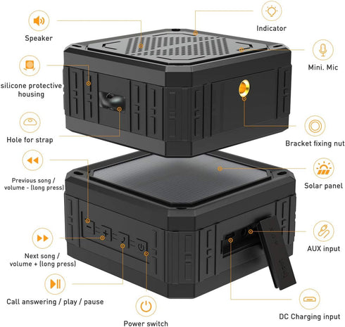 Solar Speaker Portable IPX6 Waterproof Bluetooth Speaker with 15 Hours Playtime, Rich Stereo Bass for Home and Outdoor