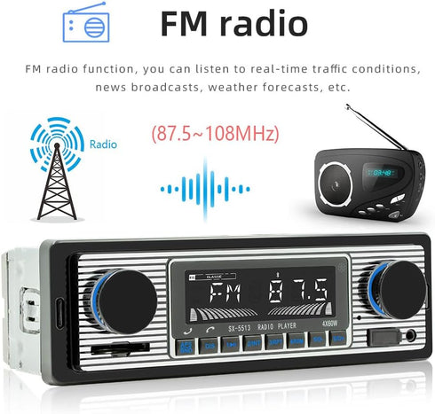 Classic Single Din Car Radio with Bluetooth, FM Radio, Hands-Free Calling, USB, SD, AUX Port, Audio Recording, Remote