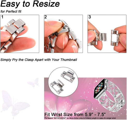 Floral Band Compatible with Apple Watch - Jewelry Band 38mm 40mm 41mm 42mm, Bling Crystal Bracelet, Silver