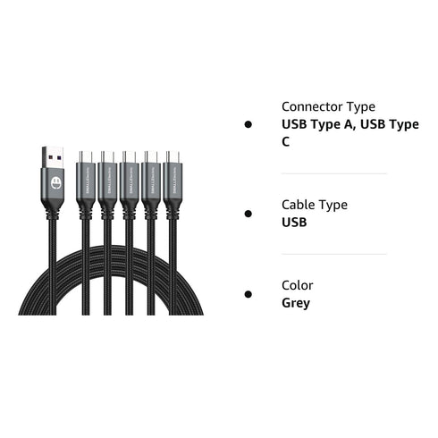 10ft USB C Cable 5Pack - Extra Long Type C Fast Charger for iPhone 15 Pro Max, Samsung Galaxy S10/S20, LG (Grey)