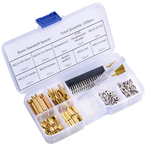 GeeekPi 220PCS Brass Standoffs M2.5 Hex Column Screw Nut Assortment Kit with Box for Raspberry Pi, Acrylic Washer