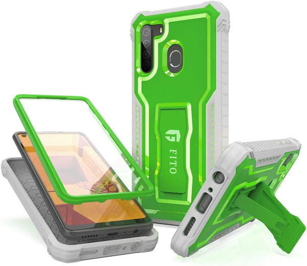 FITO Samsung Galaxy A21 Case, Dual Layer Shockproof Heavy Duty Case with Screen Protector, Built-in Kickstand (Green)
