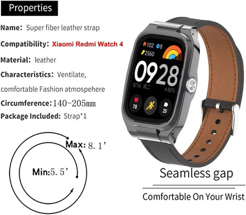 Leather Replacement Bracelet Strap for Xiaomi Redmi Watch 4, Compatible Watchband Accessories with Metal Frame