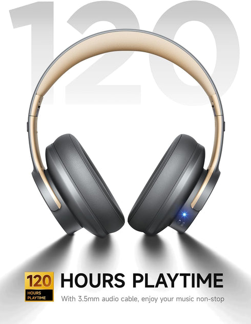 Picun B8 Bluetooth Headphones, 120H Playtime, Wireless with 3 EQ Modes, Over Ear for Travel, Home, Office, Ashen Golden