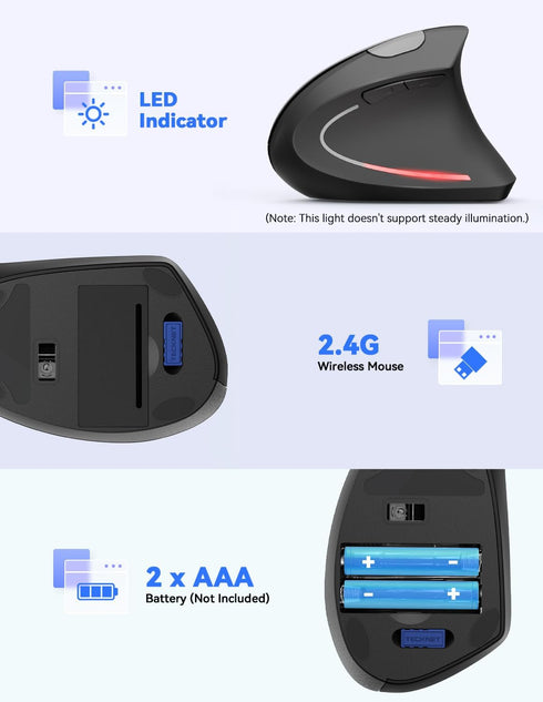TECKNET Wireless Vertical Mouse, Ergonomic 4800 DPI Mouse with 5 Adjustable DPI Levels, 6 Buttons for Laptop, PC, Black