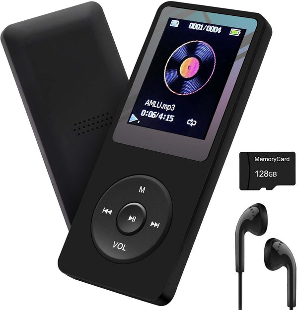MP3 Player 128GB with Speaker Earphone, Portable HiFi Lossless Sound Mini Music Player, Voice Recorder, E-Book, HD