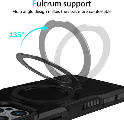 iPhone 13 Pro Case - Black, MIL-Grade Shockproof, Dual Layer, Built-in Stand & Ring Holder, Compatible with MagSafe.