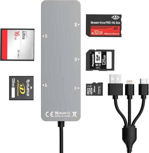 Memory Stick Pro Duo Adapter for iPhone - 5 in 1 XD/TF/MS/CF/SD Card Reader for PC/Android/Lightning Device
