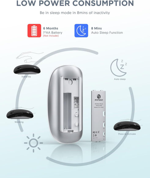 Bluetooth Wireless Mouse - Slim Dual Mode Computer Mice with Quiet Click, 1600 DPI, Low Power, Portable for MacBook,