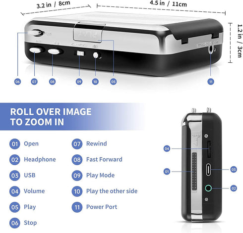 Cassette Cassette Cassette Reshow Tape Player Portable Tape Player Audio to Digital Converter, Compatible with Laptops