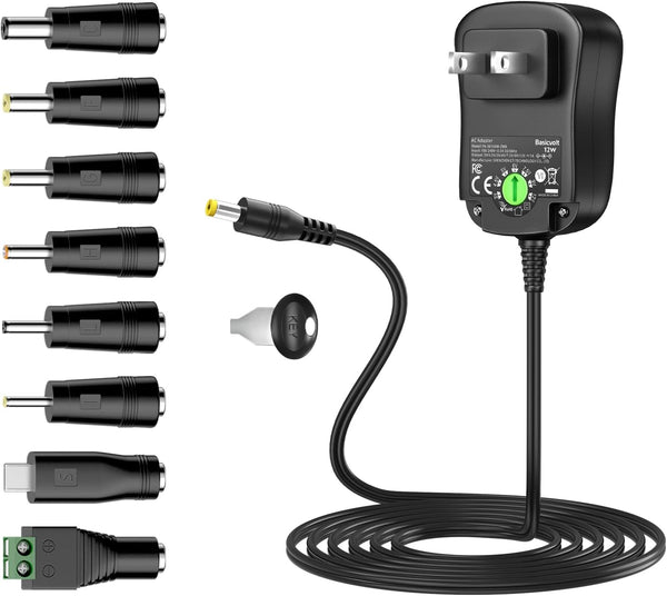 12W Universal Power Supply 12V 9V 7.5V 6V 5V 4.5V 3V 1A AC to DC Adapter for LED Strip, Router, CCTV