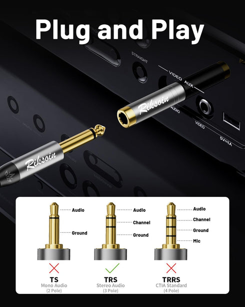 1/4'' to 3.5mm Stereo Pure Copper Headphone Adapter, 3.5mm Plug Male to 6.35mm Jack Female Stereo Adapter for