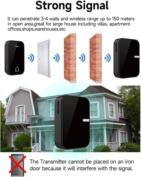Self-Powered Push Button Wireless Digital Ring Doorbell, High Volume, 38 Ringtones, Waterproof Door Bell