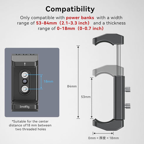 SmallRig Aluminum Power Bank Holder, Powerbank Mount Clamp Compatible with Width Range: 53 mm–84 mm and Thickness