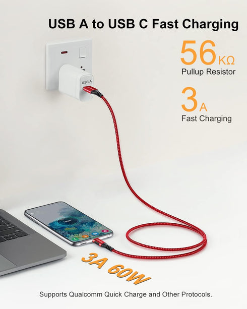 USB A to USB C Cable 3.3ft + 6.6ft (Red), 10Gbps Data Transfer and 60W 3A Fast Charging Cable for Samsung Galaxy S22