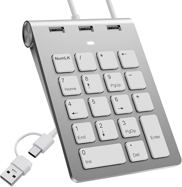 Bawanfa Plus USB C Wired Number Pad, USB Numeric Keypad with 3 USB 2.0