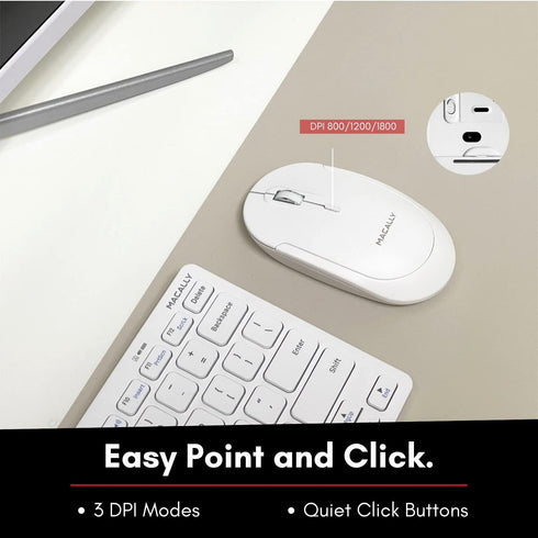 Macally Small Wireless Keyboard and Mouse Combo, Essential Work Duo, 2.4G White Keyboard and Mouse Wireless, 78 Key