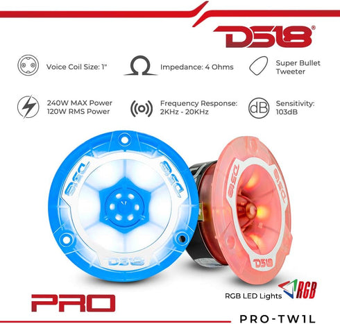 DS18 PRO-TW1L 3.8" RGB Aluminum Super Bullet Tweeter - 2 Speakers, 400W Max, 200W RMS, Built-in Crossover