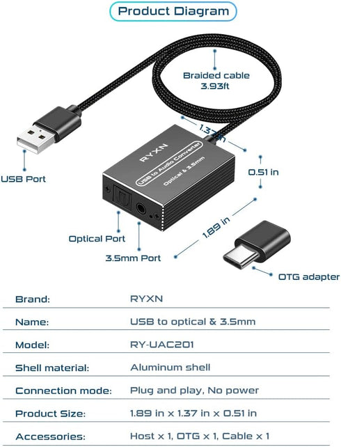 RYXN USB to Optical Spdif Toslink & 3.5mm Audio Adapter Converter, Supports USB-A & USB-C for PS5, PS4, Laptop