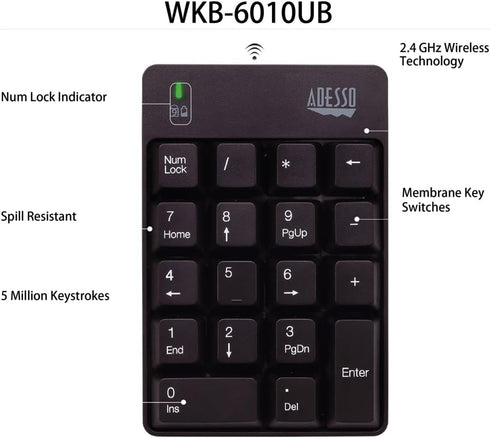 Adesso WKB-6010UB 18-Key - Wireless Spill Resistant Numeric Keypad Number Pad, Black