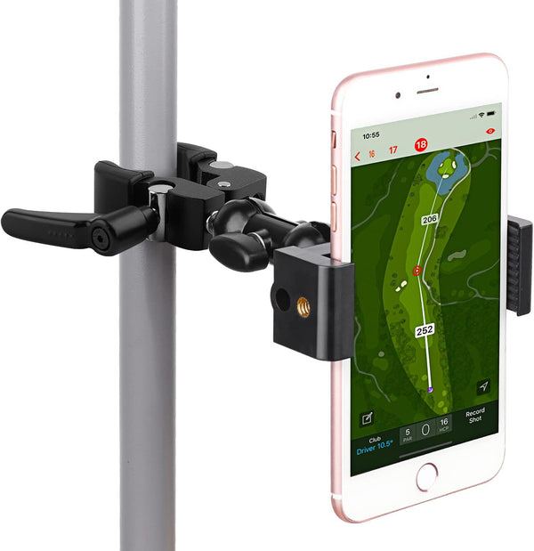 iTODOS Cell Phone Holder Mount Clip for Golf Cart, Wheelchair, Walker, Stroller, Spin Bike, Table - Fits iPhone,