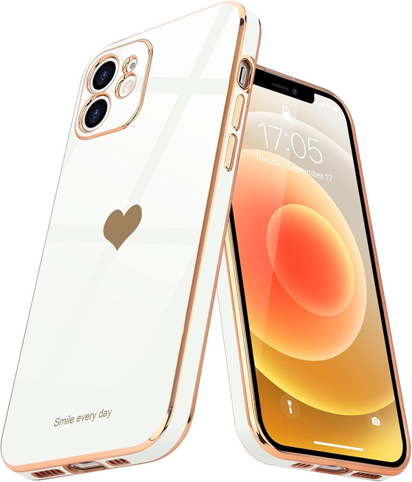 Teageo Cute Love-Heart Case for iPhone 12, White, Luxury Bling Soft Back Cover with Raised Full Camera Protection