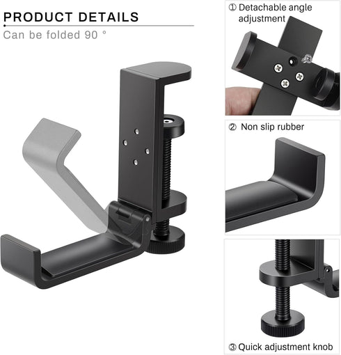 All Aluminum Foldable Headphone Holder for Desk, Universal Headphone Stand, Backpack Hook, Under Desk Clamp Hook (Black)