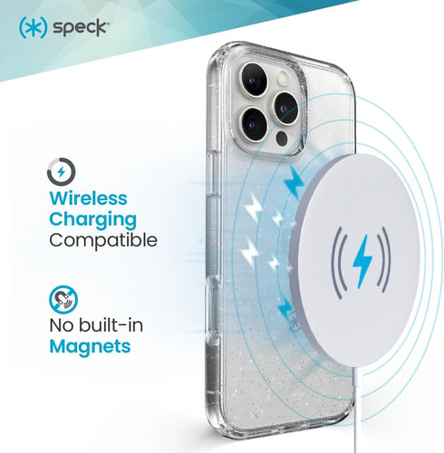 Speck 16 Clear iPhone Pro Case - Slim Phone Case - GemShell - Clear/Platinum Glitter