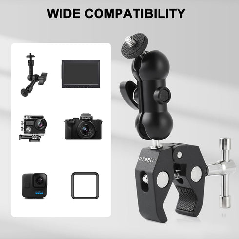UTEBIT Super Clamp Camera Mount with 360° Ballhead Magic Arm, Desk/Bike/Motorcycle Mount for GoPro, Phone, Camera, LED
