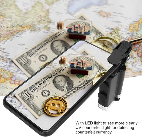 60-100X Clip-on Microscope with LED Light, Portable Magnifier Loupe Pocket Magnifying Lens Glass for Universal Mobile Phones, Mini Plus Pocket Microscope Lighted