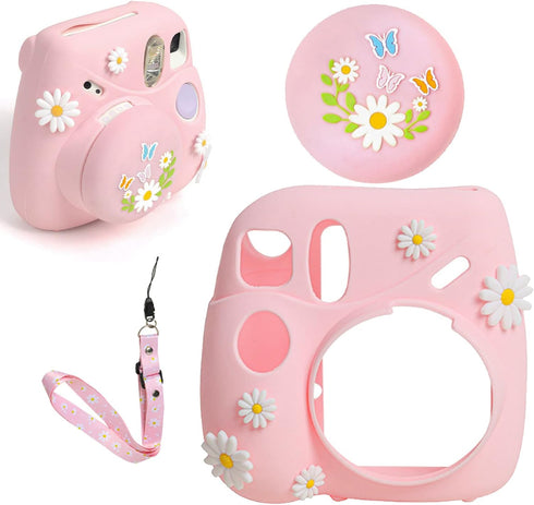 Silicone Case Lens Cap Set for Fujifilm Instax Mini 7+ 7 Plus Instant Camera, Protective Carrying Case Cover