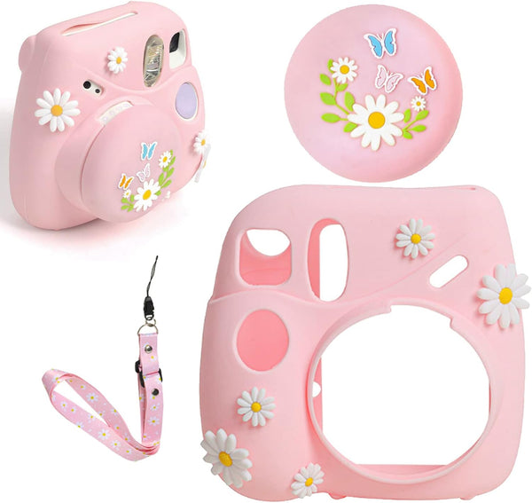 Silicone Case Lens Cap Set for Fujifilm Instax Mini 7+ 7 Plus Instant Camera, Protective Carrying Case Cover