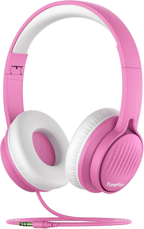 Shop upgraded Pink Kids Headphones: Wired, foldable, 85dB volume limit, stereo sound for school, travel, and tablets.