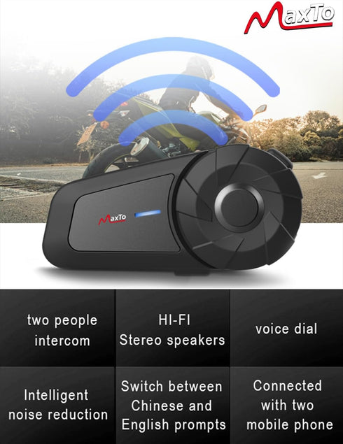 Maxto Motorcycle Bluetooth Headset, MX1 2-Riders Intercom Communication System, HiFi Stereo Sound, IPX6 Waterproof