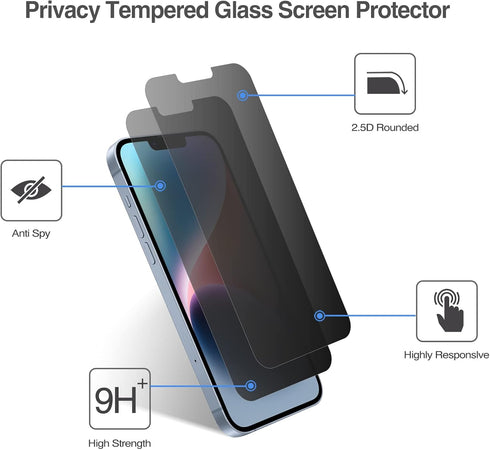 ProCase Tempered Glass Screen Protector 2 Pack for iPhone 14/13/13 Pro 6.1" - Privacy Film Guard, 2022/2021.