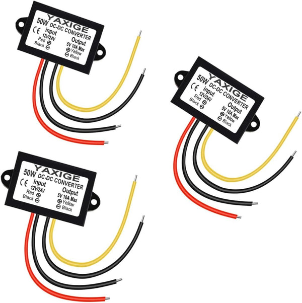 YAXIGE 3PCS 12V/24V to 5V 10A 50W Step-Down Converter Regulator Waterproof Step-Down Power