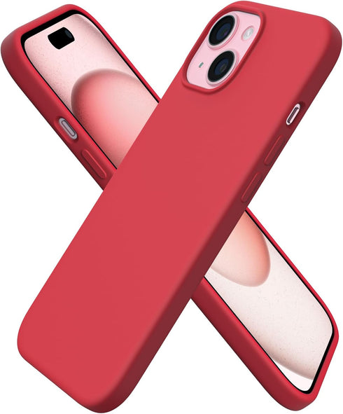 ORNARTO Slim Liquid Silicone Case for iPhone 15, 3 Layers Full Covered Soft Gel Rubber 6.1 inch, Anti-Scratch Red