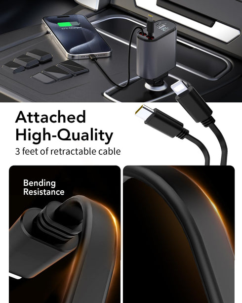 Retractable Car Charger, 4 in 1 Fast Phone Charger 66W with 2 Retractable Cables for iPhone 15/14/13/12/11