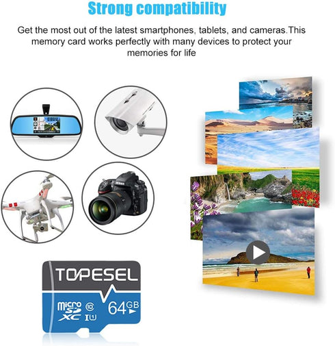 TOPESEL 64GB Micro SD Card SDXC UHS-I TF Class 10 for Camera, Phone, Galaxy, Drone, Dash Cam, Tablet, PC