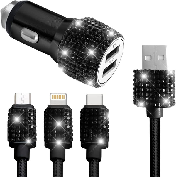 Bling Dual USB Car Charger with 3-in-1 Multi Fast Charging Cable, Dual Port Adapter with Type C Micro USB Cord for