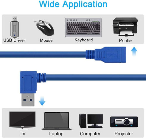 USB 3.0 Extension Cable 1FT, 2 Pack 90 Degree Left & Right Angle USB Adapter Male to Female Short Cables for Laptop