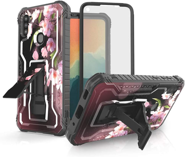 FITO Durable Shockproof Case for Samsung Galaxy A11, with Screen Protector and Built-in Kickstand, Pink Flowers